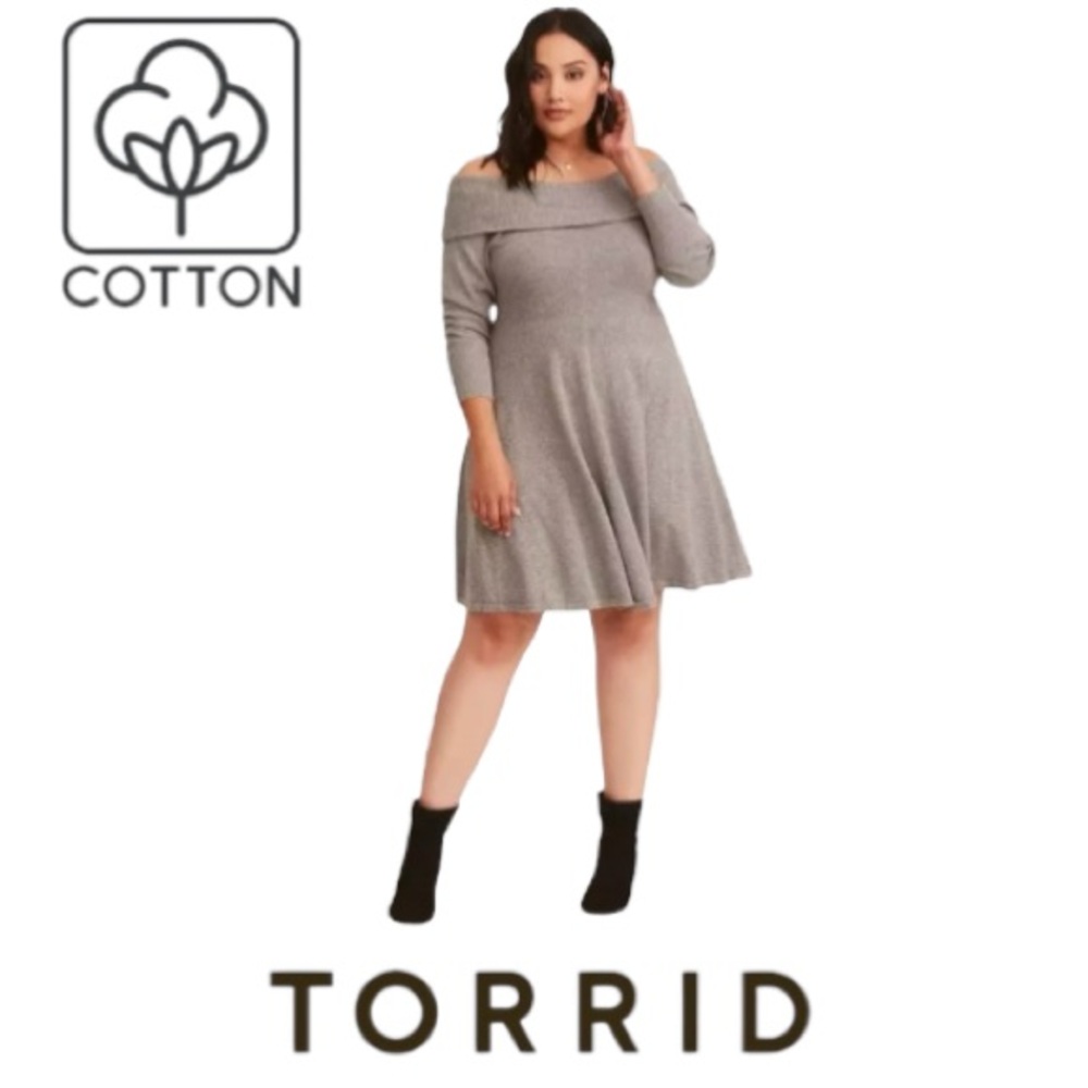 4X Torrid Fit and Flare Cotton Knit Off the Shoulder Sweater Dress, Grey